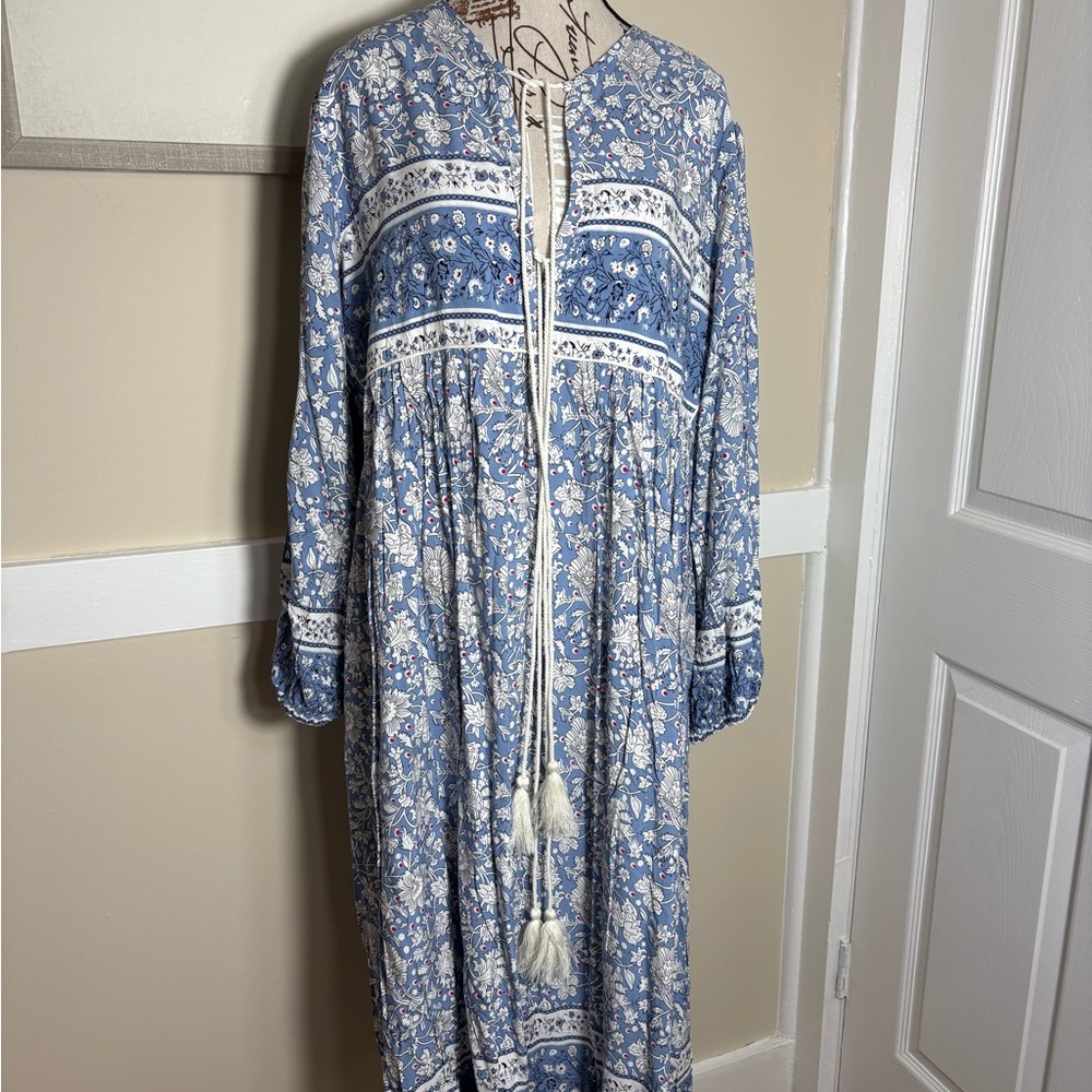 Blue Floral Maxi Dress XXL Cottagecore Tassel Tie Peasant Dress Flowy Romantic - Picture 2 of 8